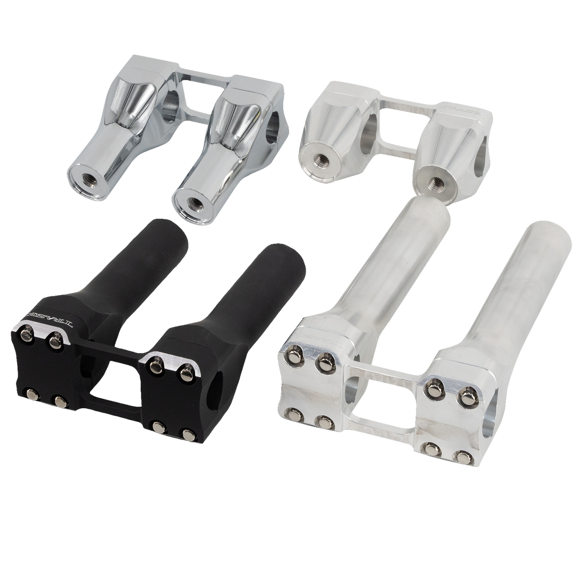 Trask Assault Risers - Chrome, black, and raw.