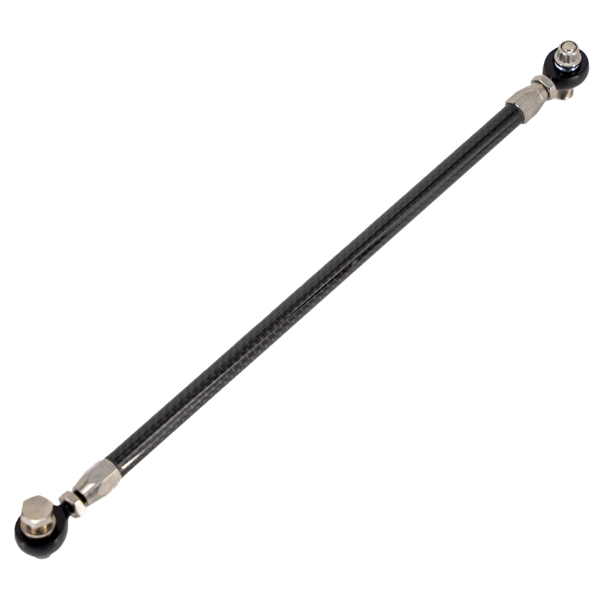 Close-up of Trask carbon fiber shift linkage with heim joint for precise shifting.