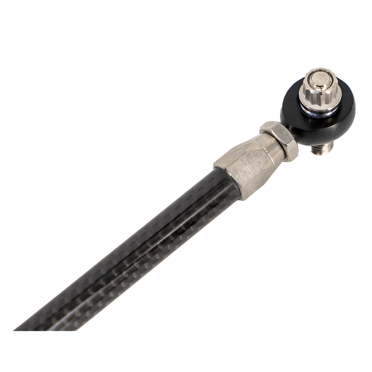 Close-up of Trask carbon fiber shift linkage with heim joint for precise shifting.