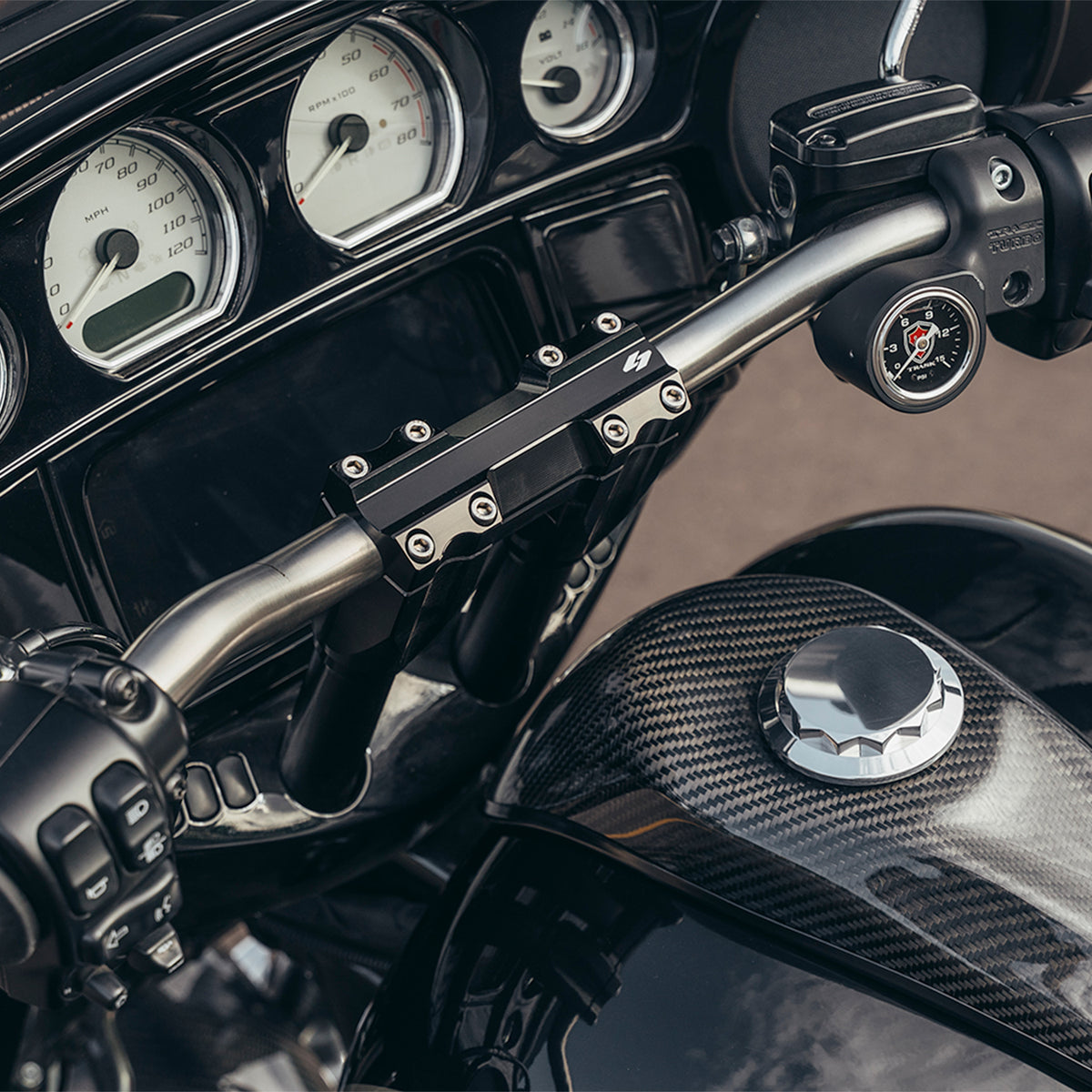 Trask Performance Harley-Davidson Street Glide with Kraus risers and titanium handlebars. 