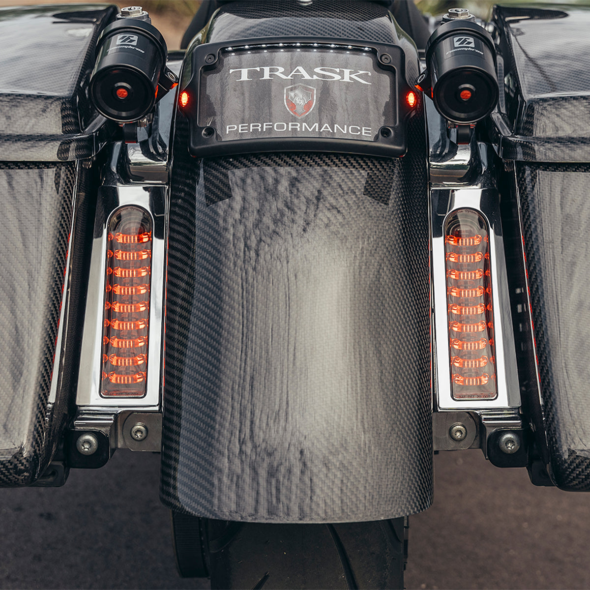 Trask Performance custom Street Glide with Custom Dynamics lighting and license plate frame. 