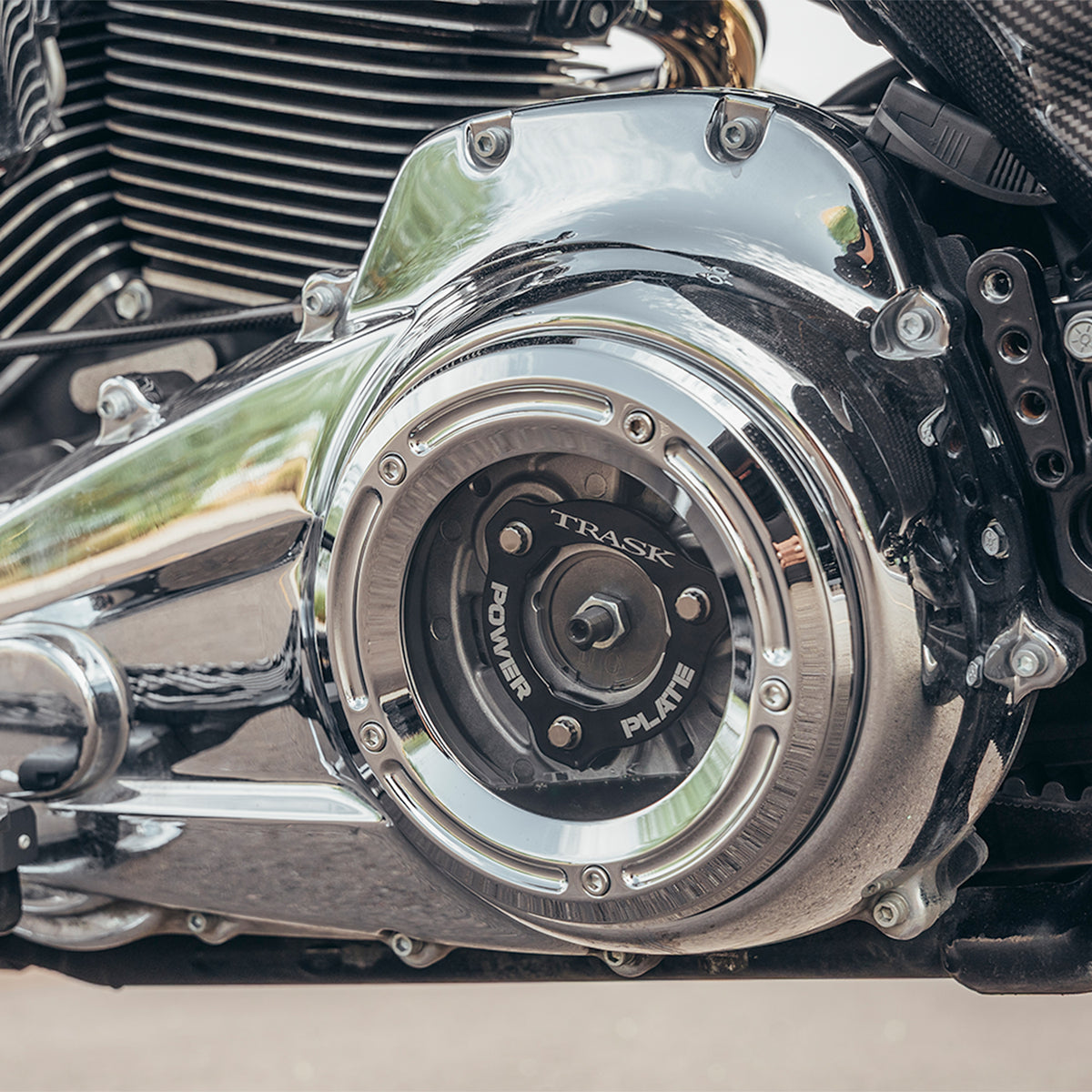 Trask Power Plate and Assault Derby Cover for Harley-Davidson motorcycles.