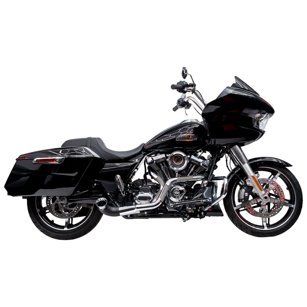 Black and Chrome Trask Nasty Bastard exhaust profile on Road Glide.